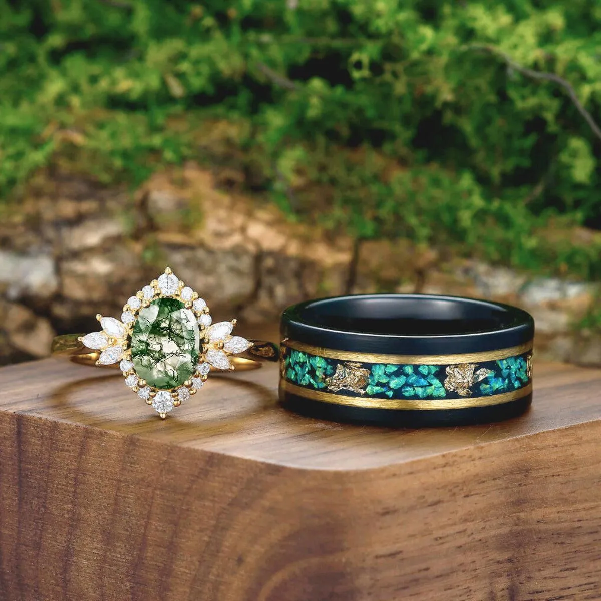 Exquisite Moss Agate Cluster His and Hers Wedding Ring Matching Tungsten Couples Ring