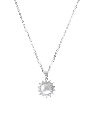 Flower Cubic Zirconia With Center Pearl Pendant Necklace White Silver - Pack of 6