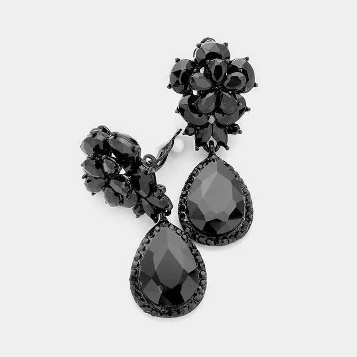 Flower Jet Black Crystal Teardrop Dangle Clip on Earrings