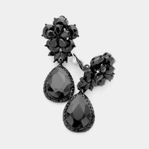 Flower Jet Black Crystal Teardrop Dangle Clip on Earrings