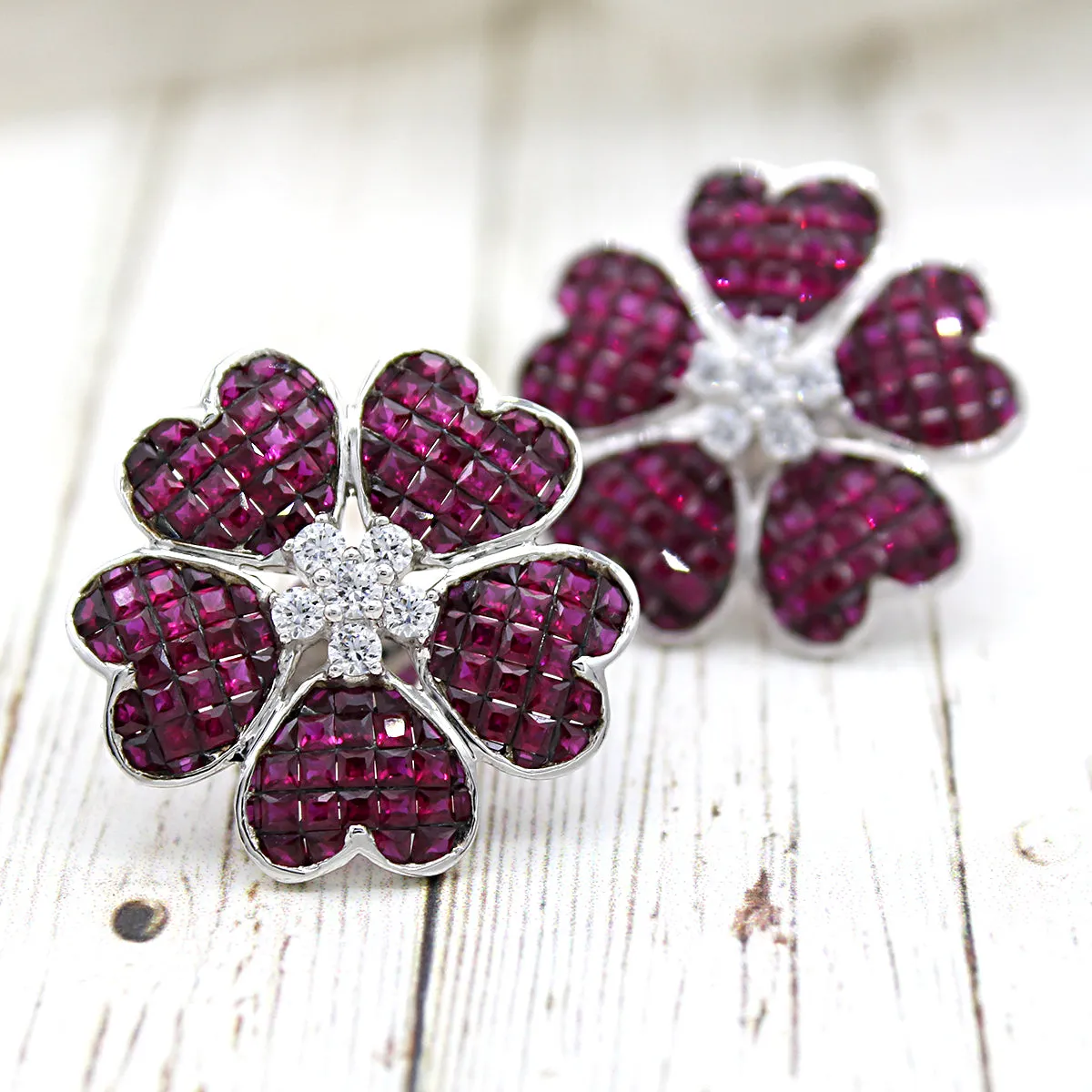 Flower Simulant Ruby Invisible Set Statement Earrings
