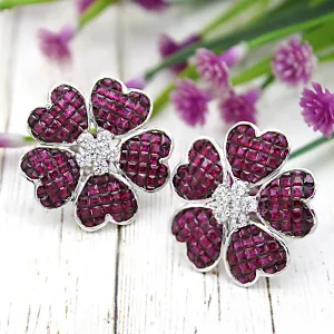 Flower Simulant Ruby Invisible Set Statement Earrings