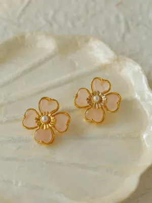 Four-leaf Clover Rose Quartz Single Flower Stud Earrings