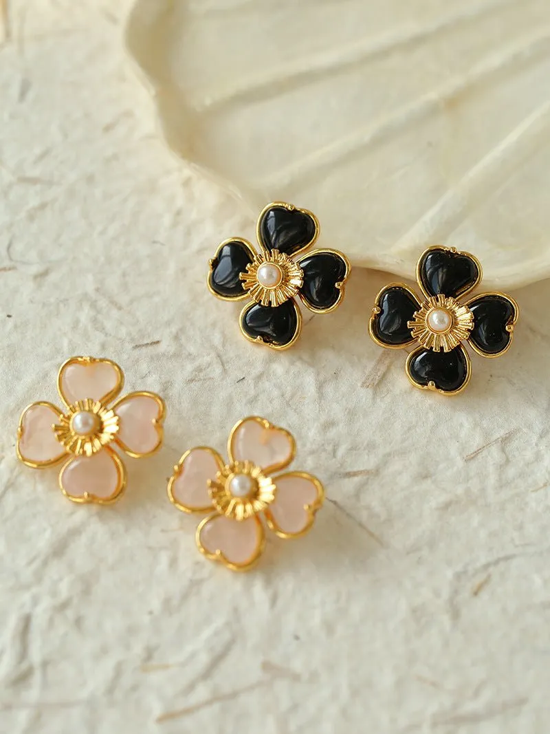 Four-leaf Clover Rose Quartz Single Flower Stud Earrings