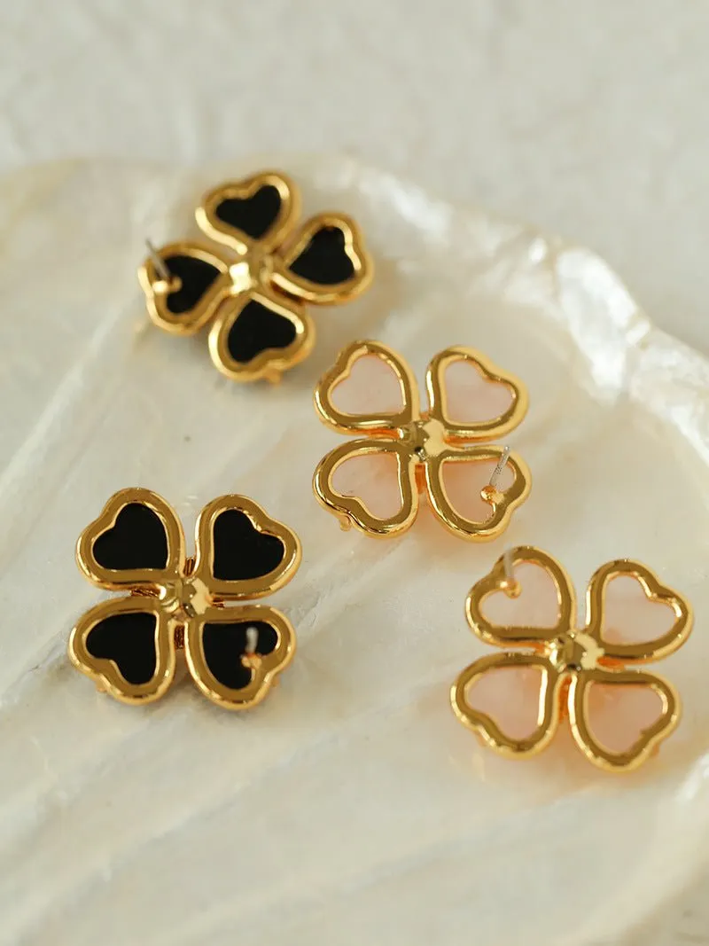 Four-leaf Clover Rose Quartz Single Flower Stud Earrings