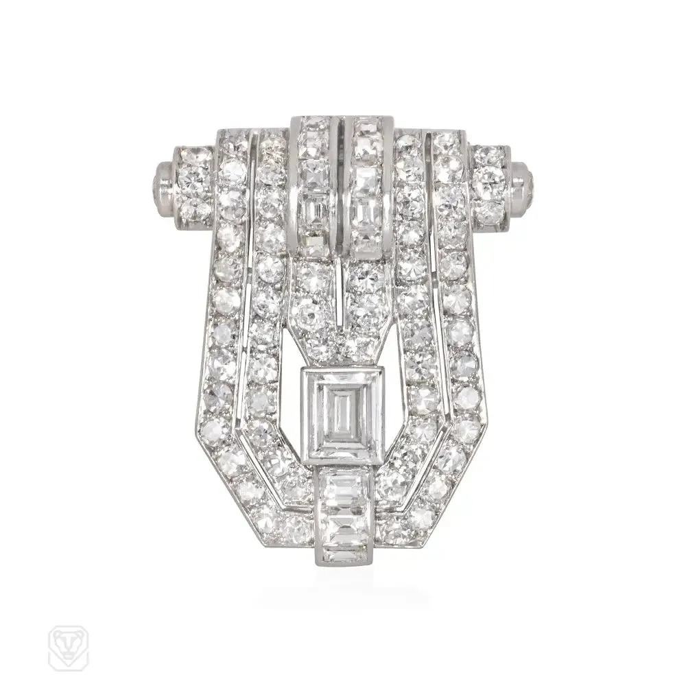 French Art Deco diamond shield-shaped clip brooch