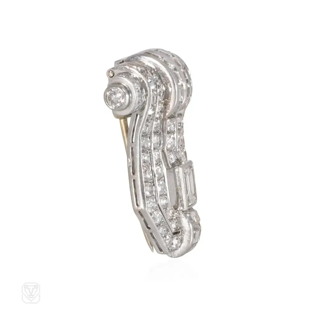 French Art Deco diamond shield-shaped clip brooch