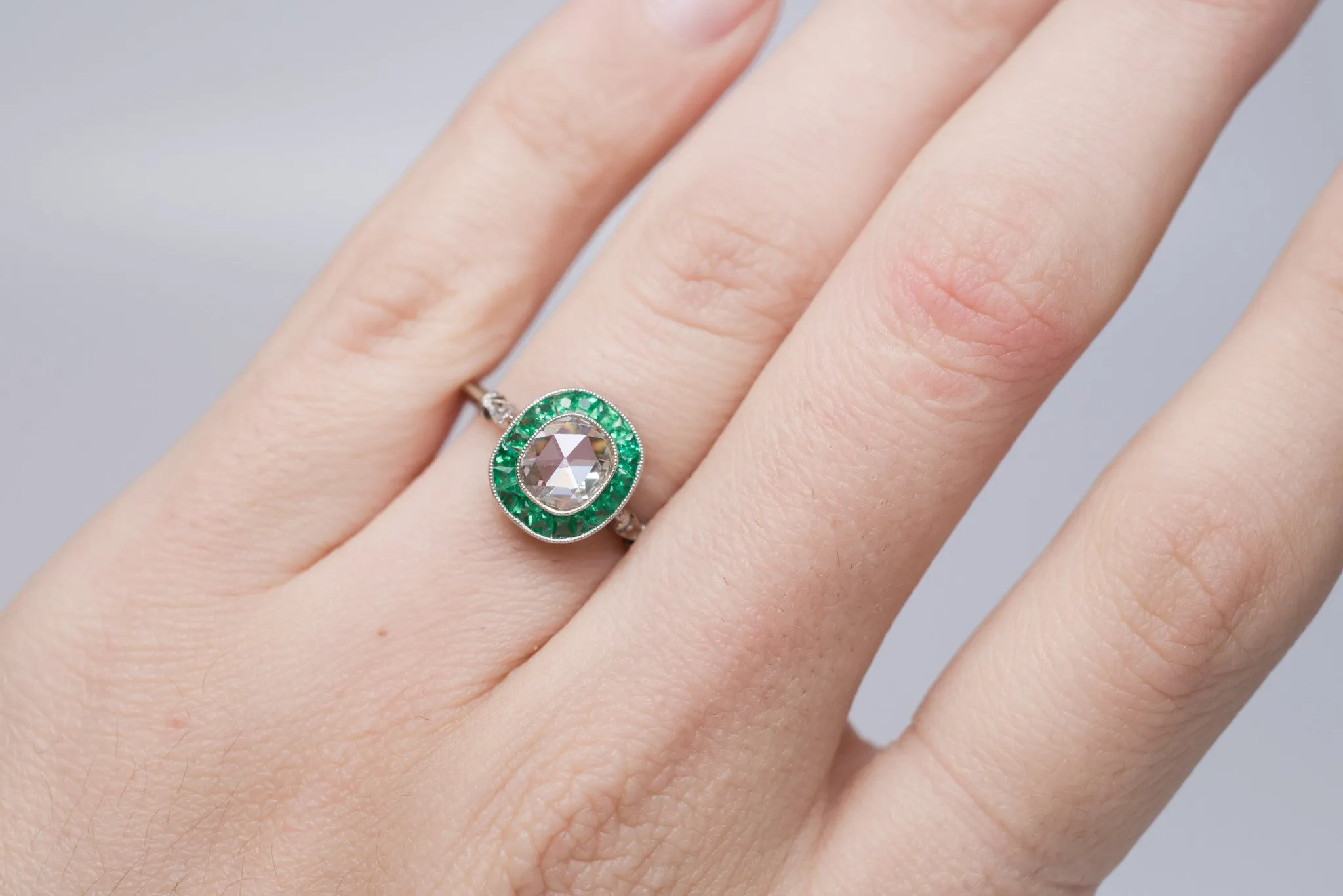 FRENCH CUT EMERALD AND ROSE CUT DIAMOND TARGET RING