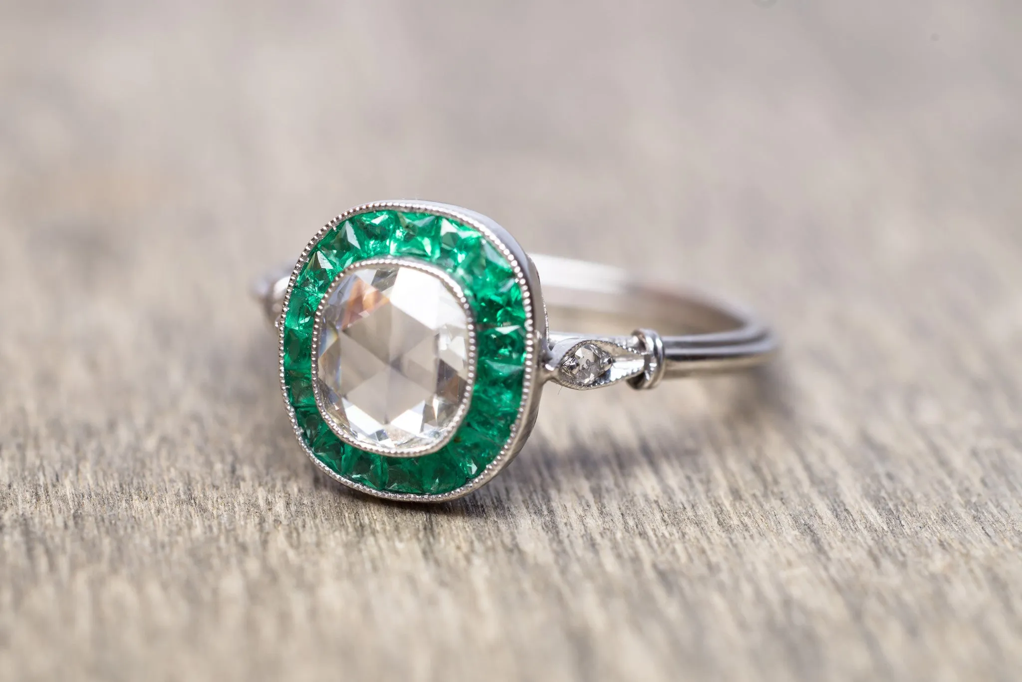 FRENCH CUT EMERALD AND ROSE CUT DIAMOND TARGET RING
