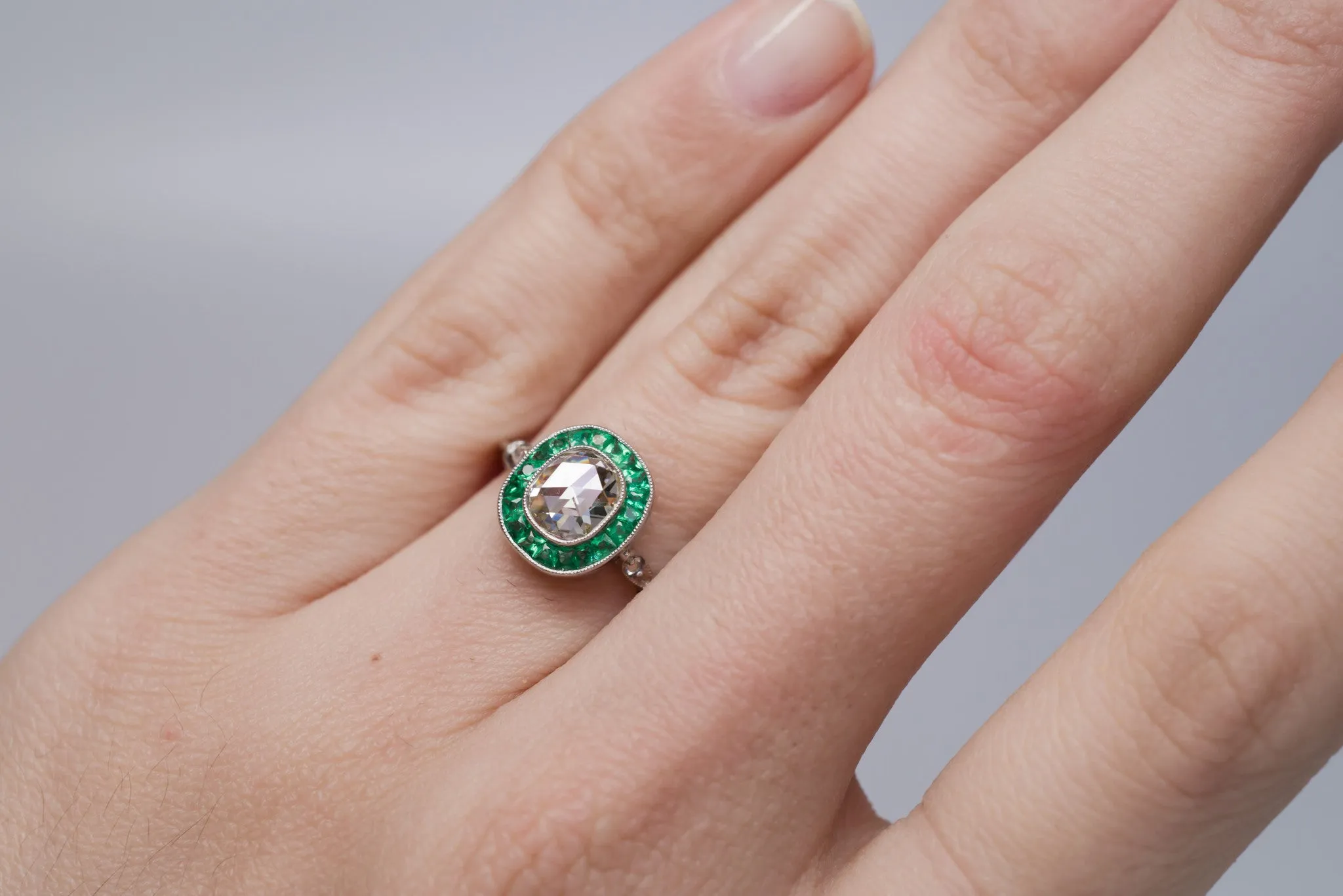 FRENCH CUT EMERALD AND ROSE CUT DIAMOND TARGET RING