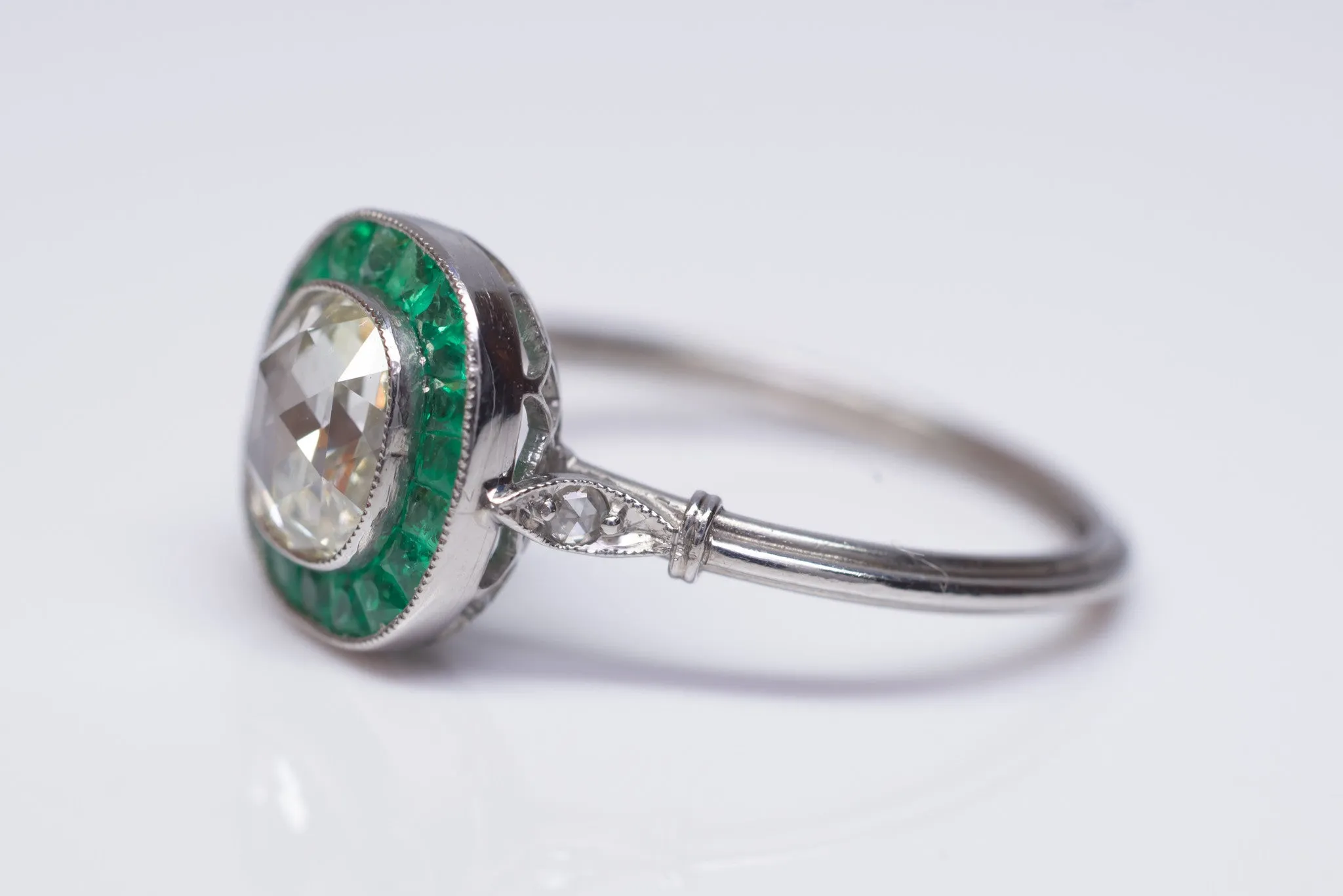 FRENCH CUT EMERALD AND ROSE CUT DIAMOND TARGET RING