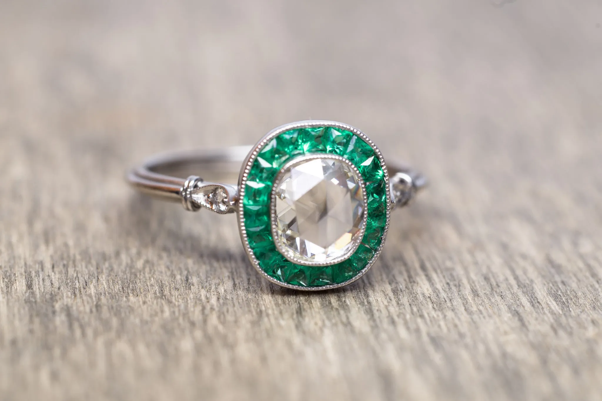 FRENCH CUT EMERALD AND ROSE CUT DIAMOND TARGET RING