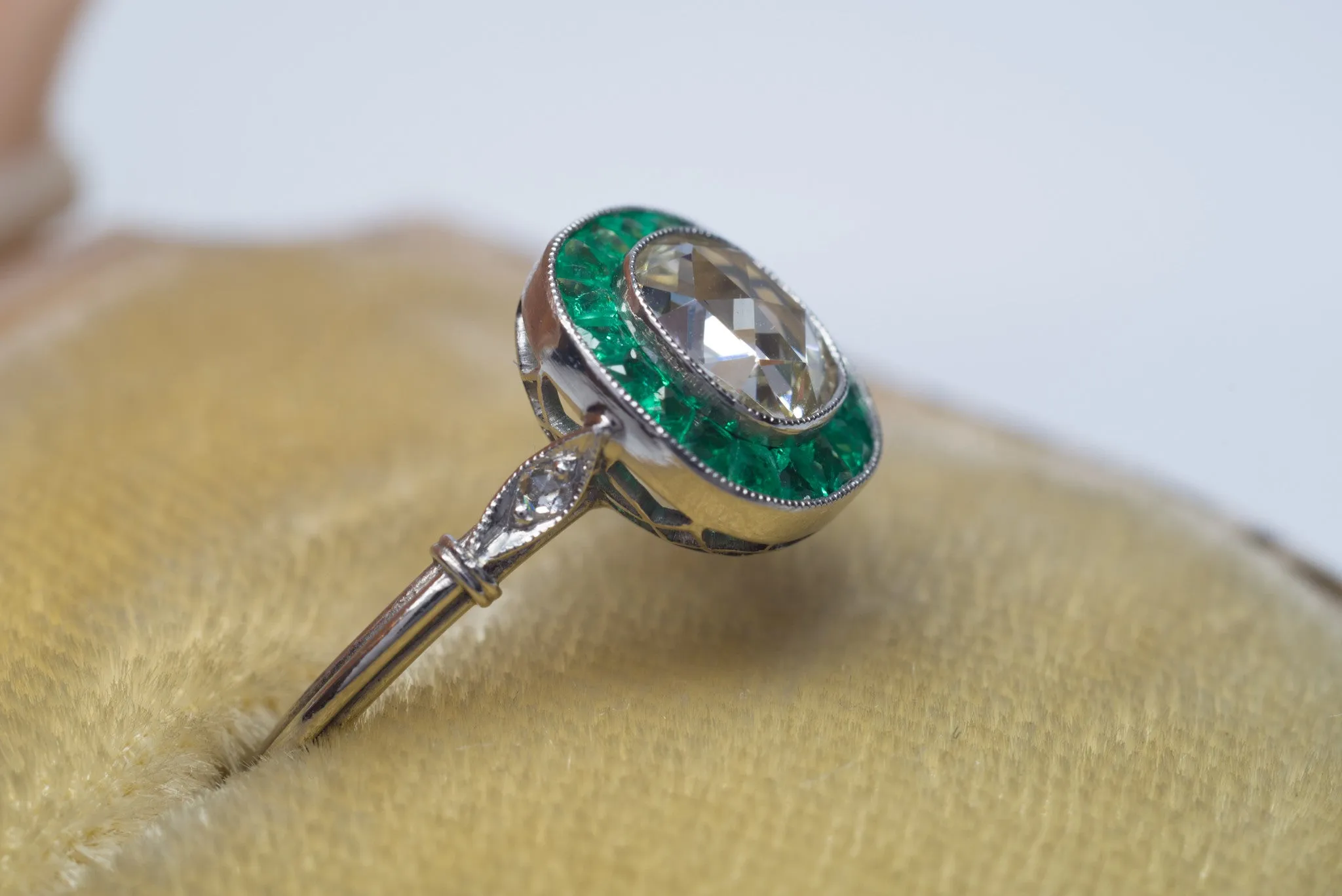 FRENCH CUT EMERALD AND ROSE CUT DIAMOND TARGET RING