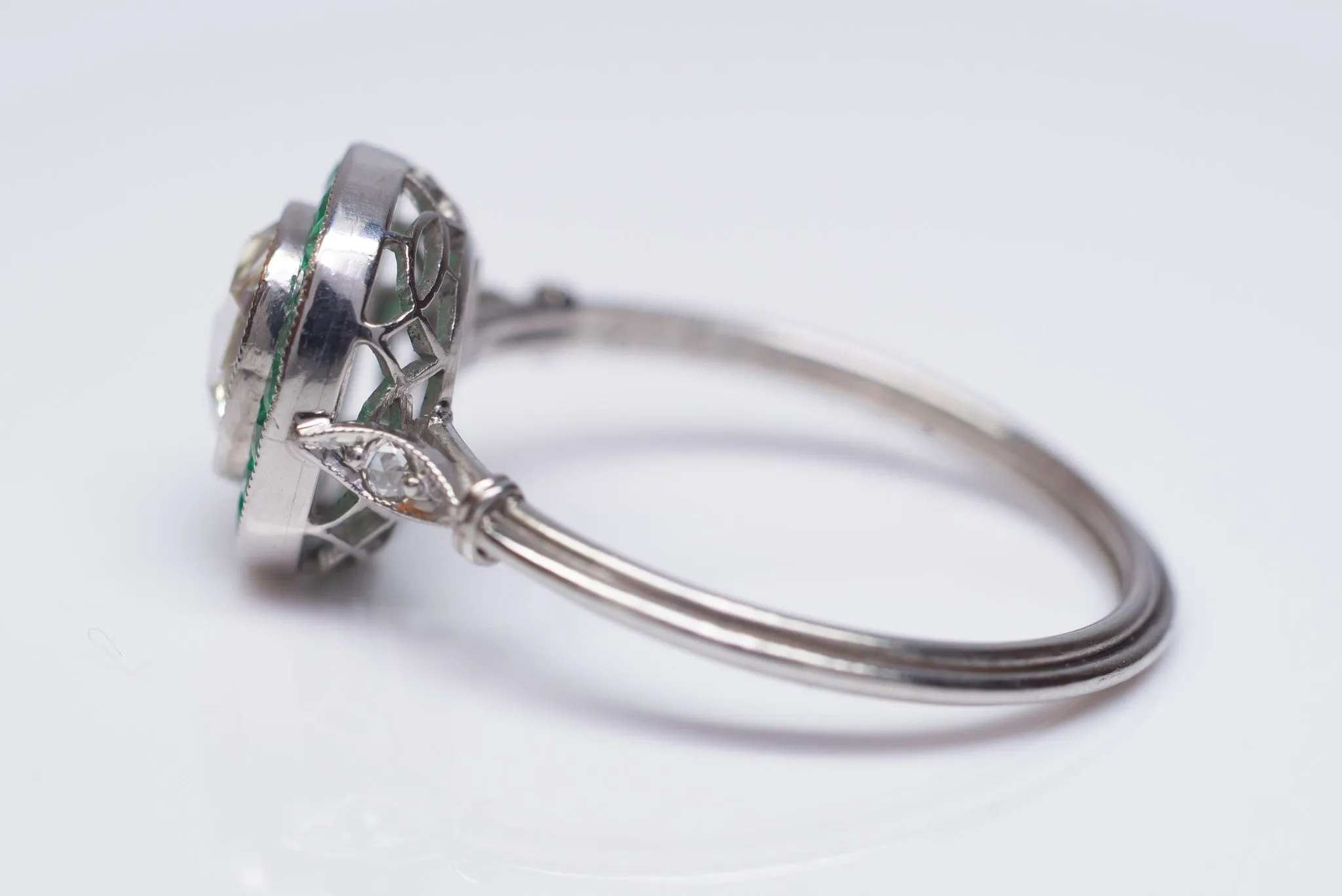 FRENCH CUT EMERALD AND ROSE CUT DIAMOND TARGET RING