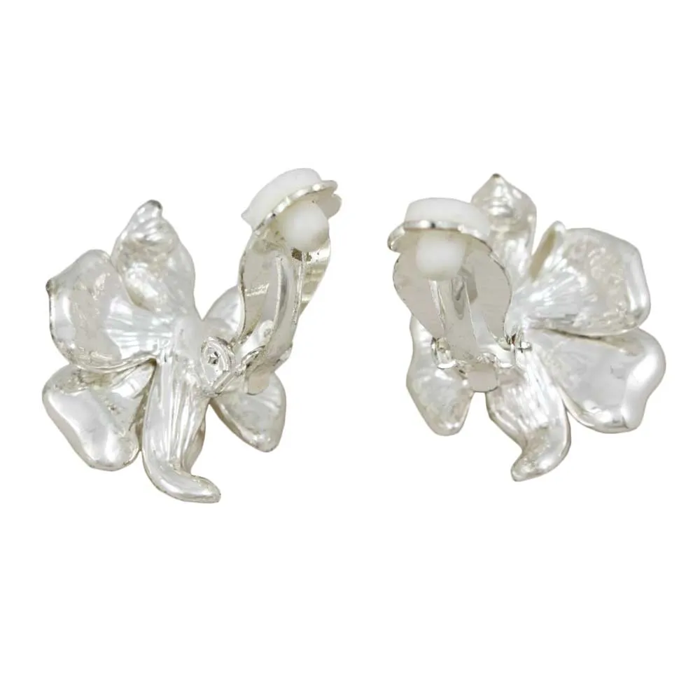 Frosted Silver-tone and Crystal Rose Clip On Earring - RSN619EC