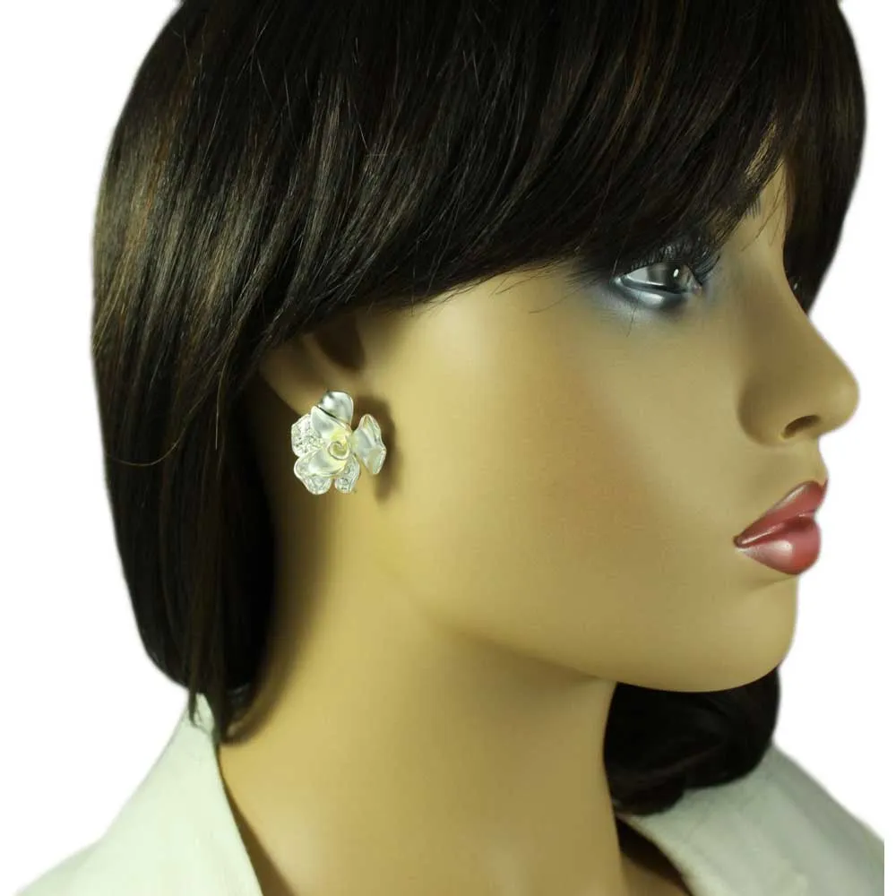 Frosted Silver-tone and Crystal Rose Clip On Earring - RSN619EC