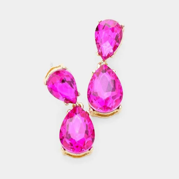 Fuchsia Crystal Double Teardrop Gold Earrings