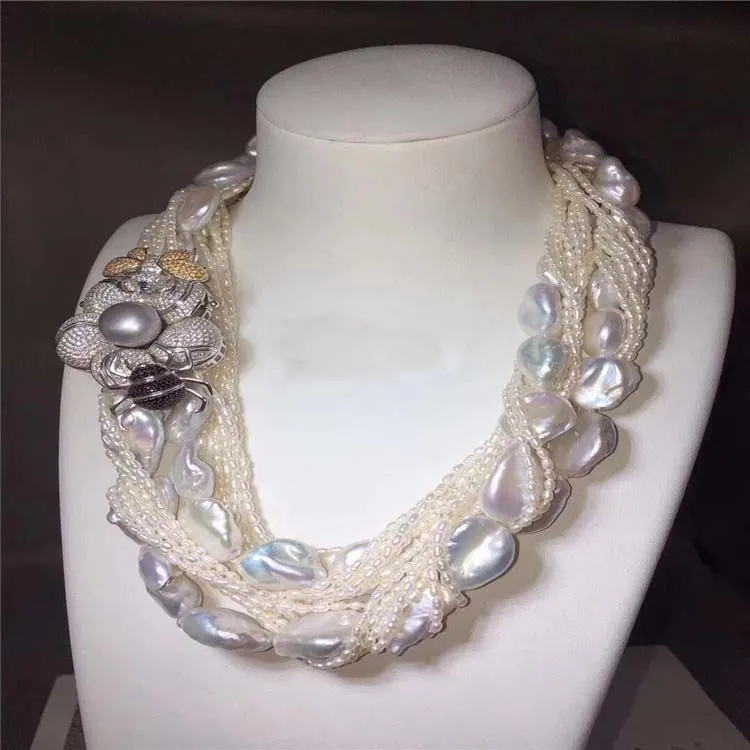 Genuine 25" 10row White Freshwater Diamond Butterfly Pearl Necklace