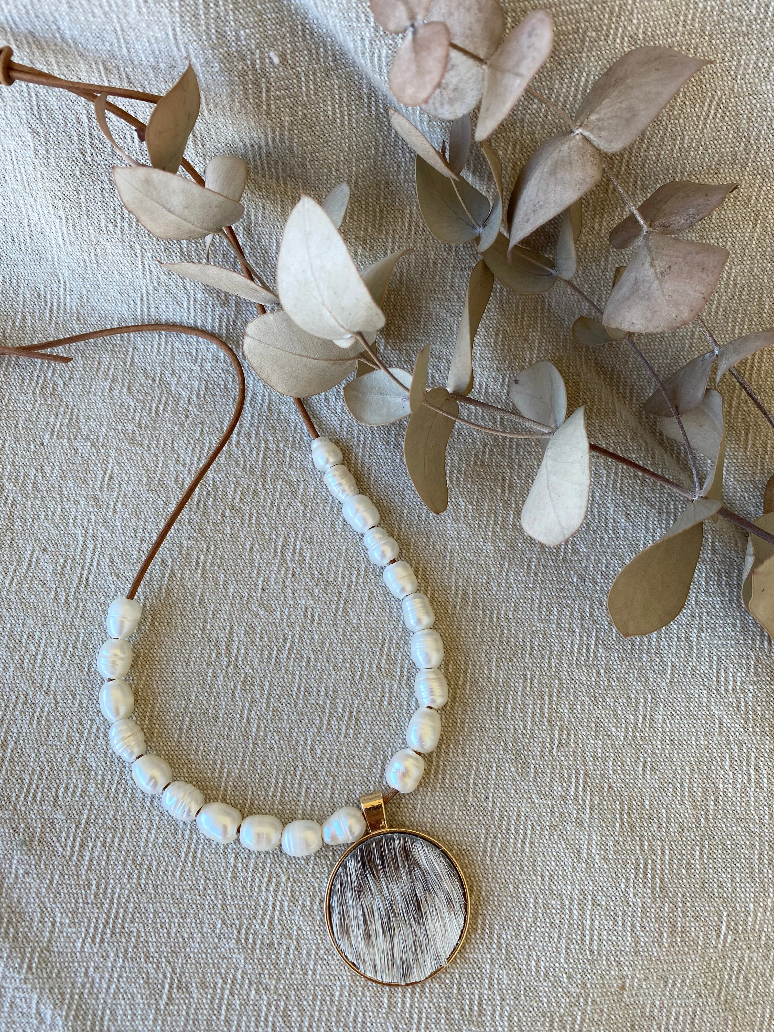 Genuine Cowhide Pendant & Freshwater Pearl Necklace
