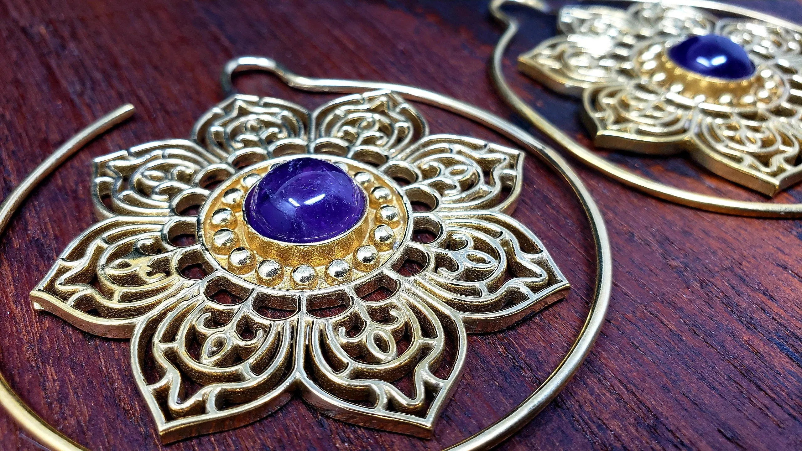 Gold Amethyst Lotus Gauge Earrings