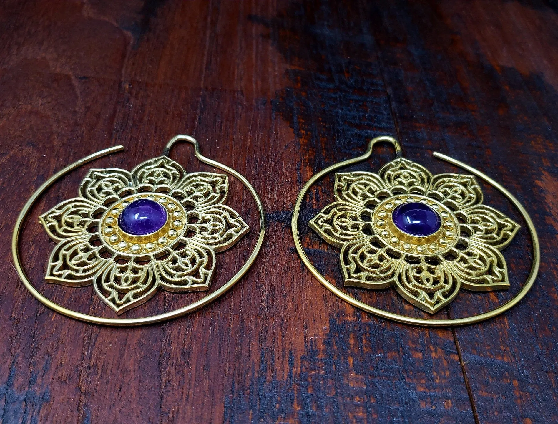 Gold Amethyst Lotus Gauge Earrings
