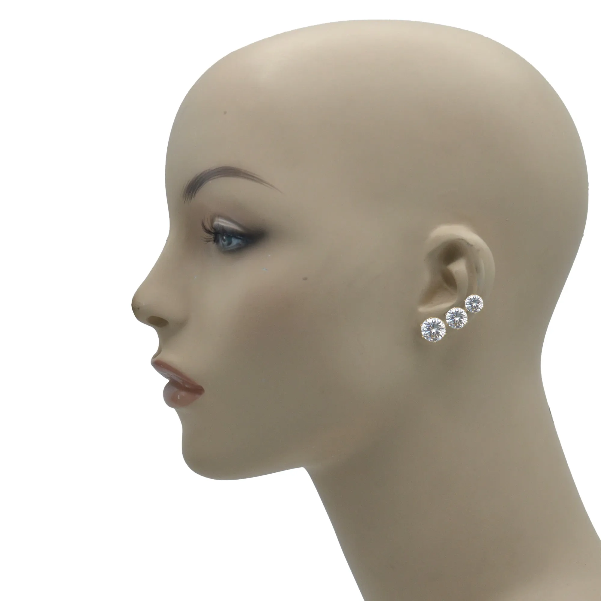 GOLD CLEAR CRYSTAL 3 PAIR SET GRADUATED STUD EARRINGS #HNE86567GDCY(RE20)