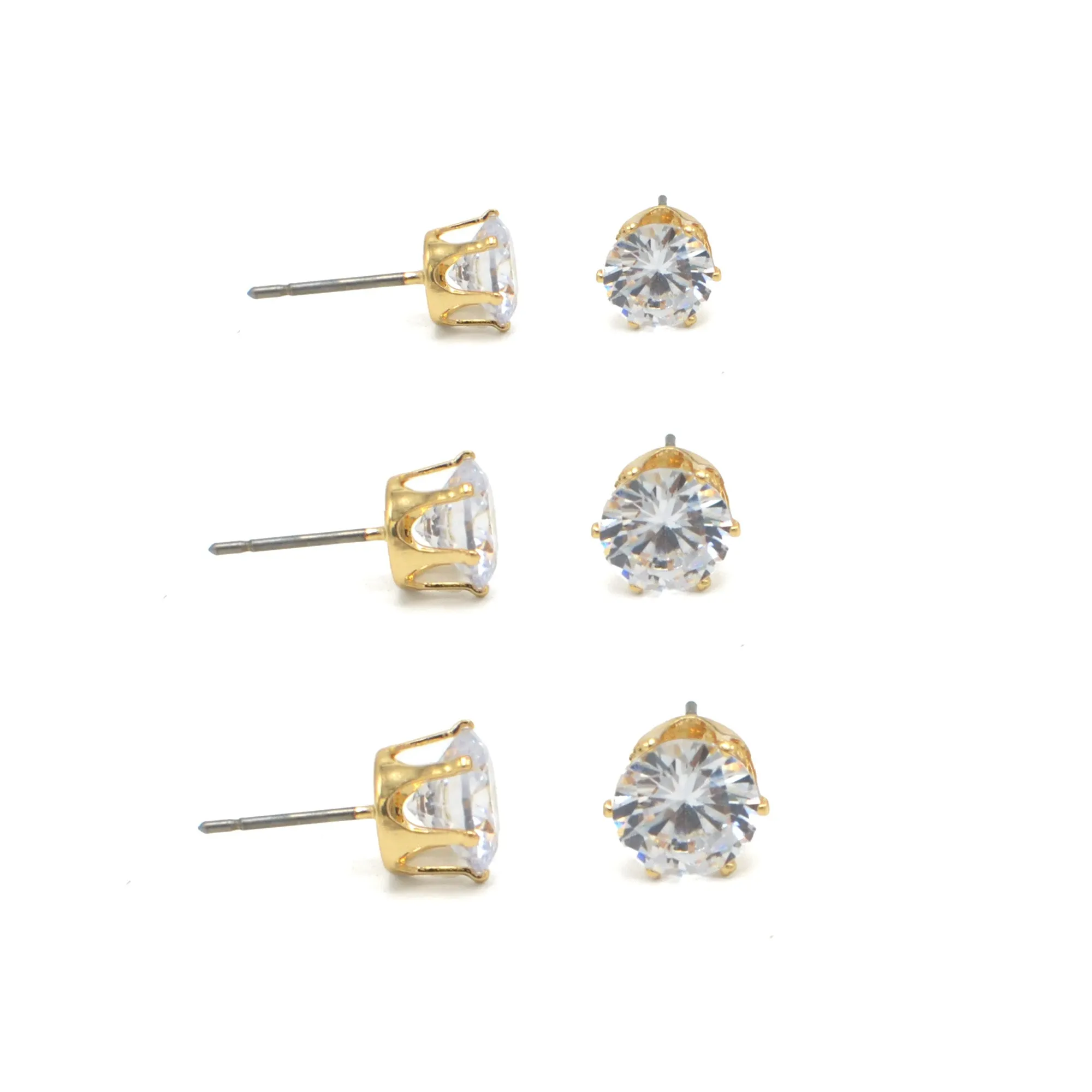 GOLD CLEAR CRYSTAL 3 PAIR SET GRADUATED STUD EARRINGS #HNE86567GDCY(RE20)