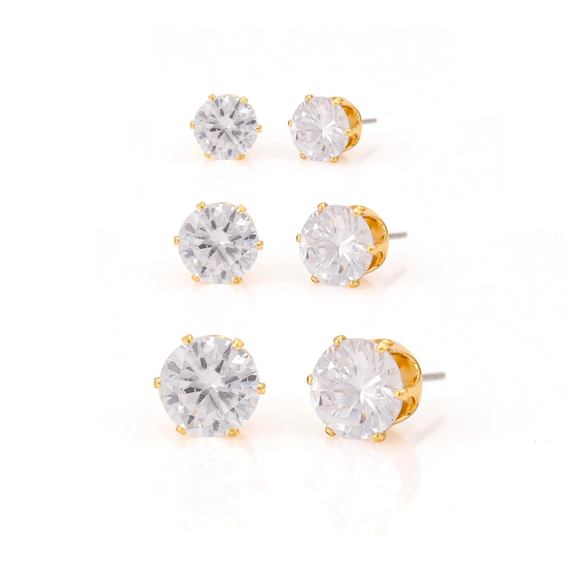 GOLD CLEAR CRYSTAL 3 PAIR SET GRADUATED STUD EARRINGS #HNE86567GDCY(RE20)