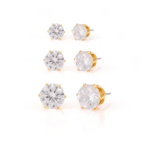 GOLD CLEAR CRYSTAL 3 PAIR SET GRADUATED STUD EARRINGS #HNE86567GDCY(RE20)