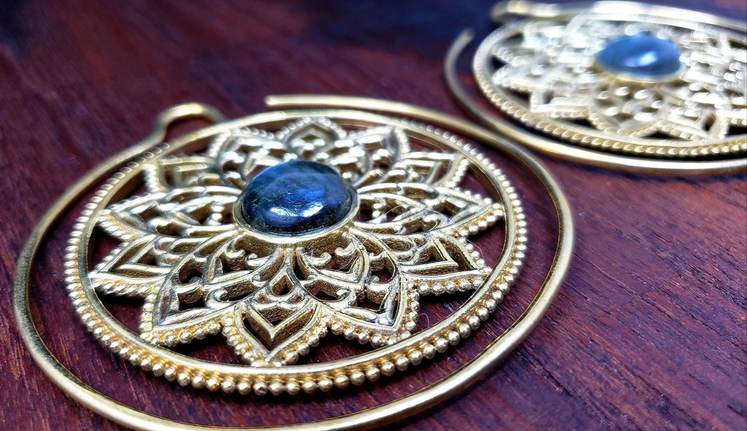 Gold Labradorite Mandala Gauge Earrings