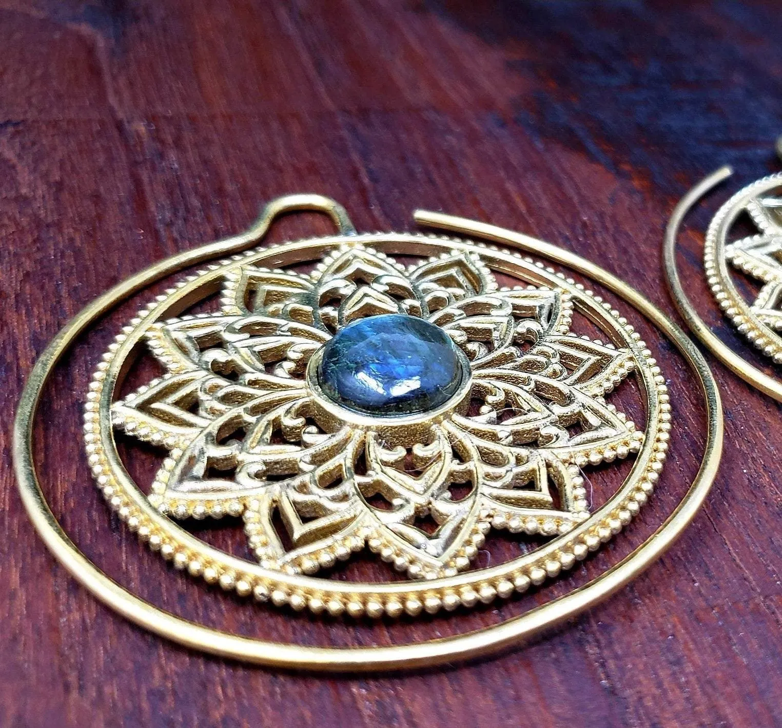 Gold Labradorite Mandala Gauge Earrings