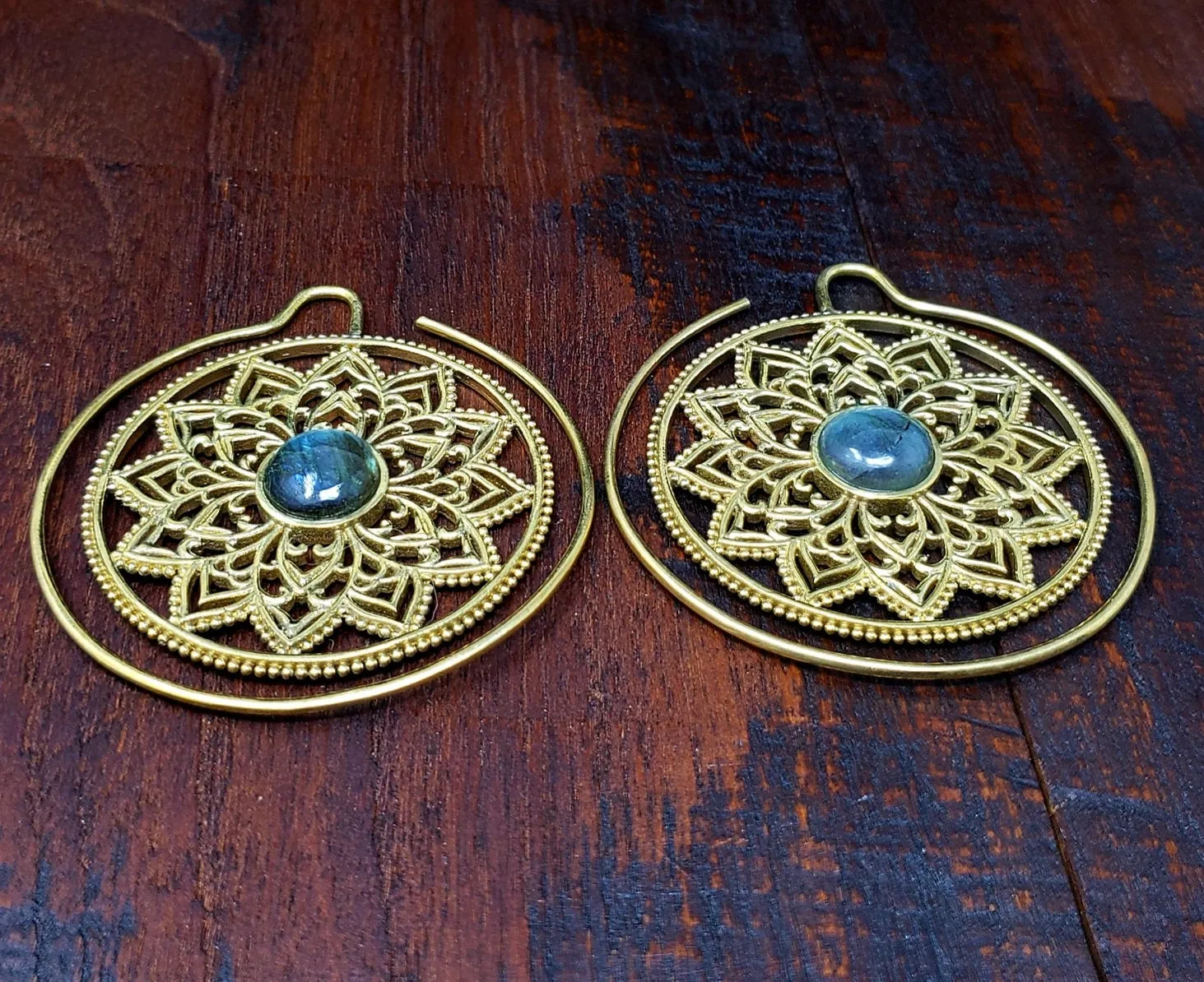 Gold Labradorite Mandala Gauge Earrings