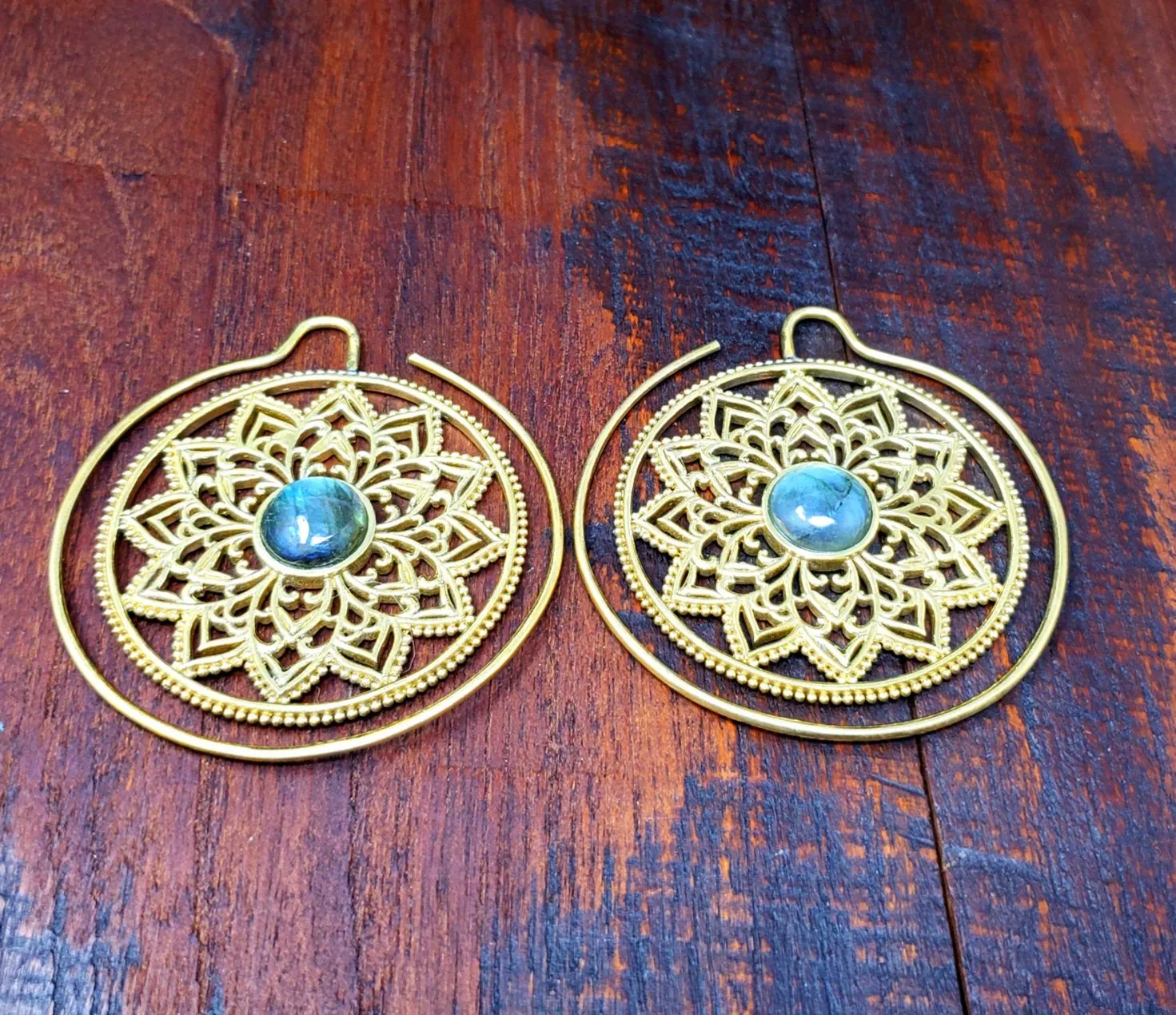 Gold Labradorite Mandala Gauge Earrings
