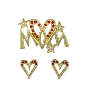 Gold Red Crystal Elongated Heart MOM Pin and Earring Set - PRF320BS