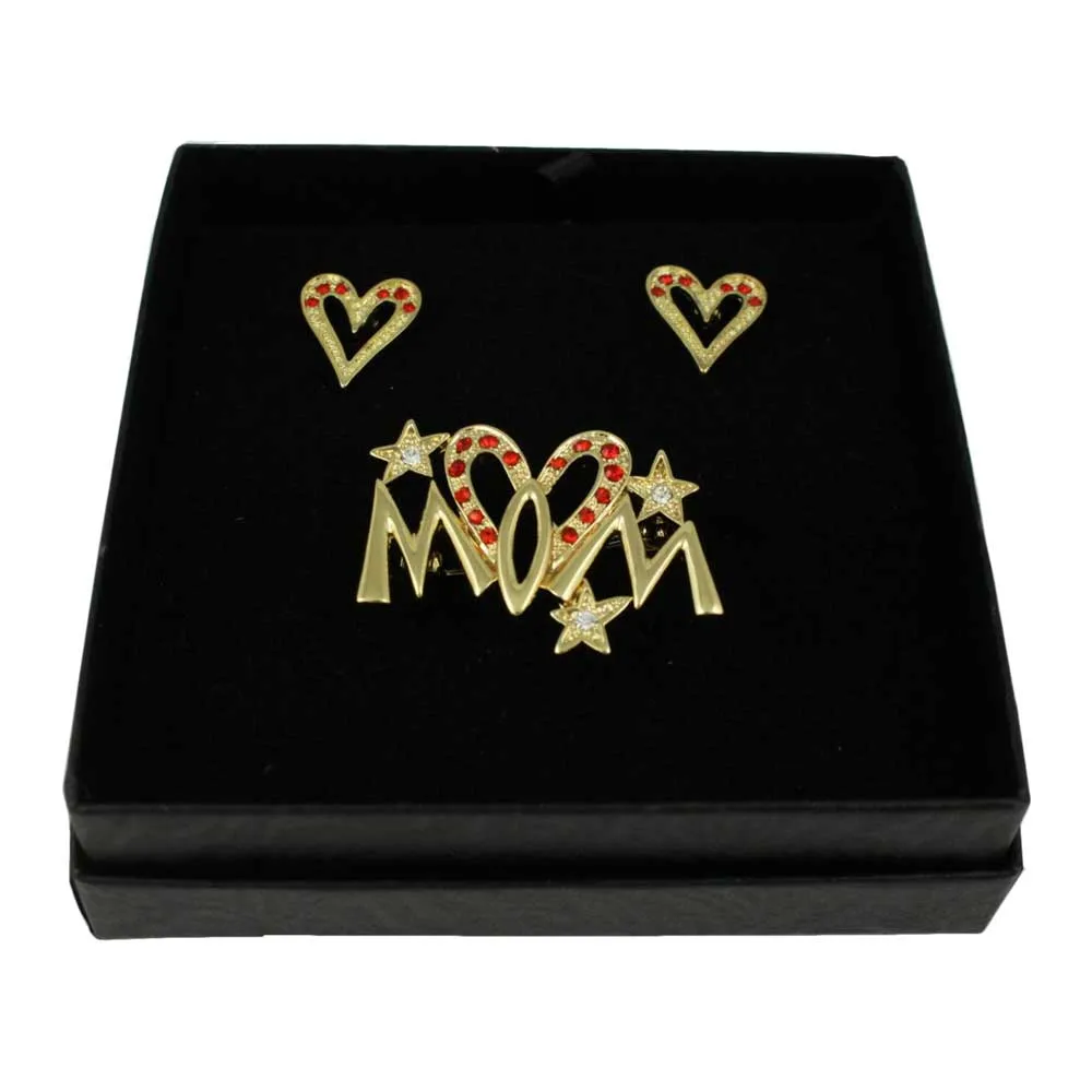 Gold Red Crystal Elongated Heart MOM Pin and Earring Set - PRF320BS