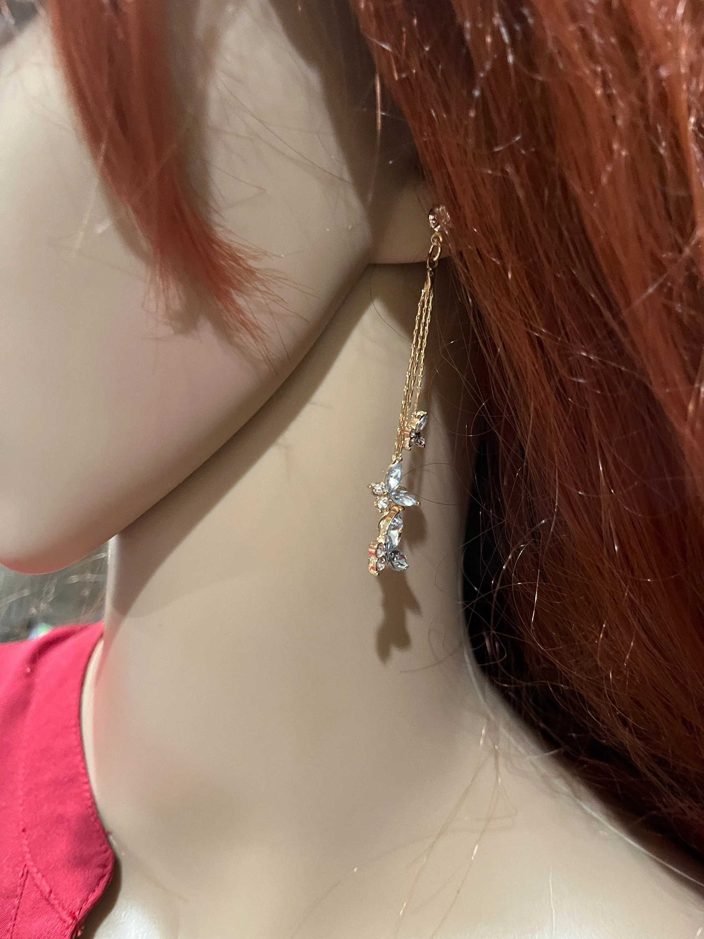 Gold rhinestone earrings , long clear rhinestone earrings , butterfly earring , fringe earrings , gold chain earrings , gold crystal earring