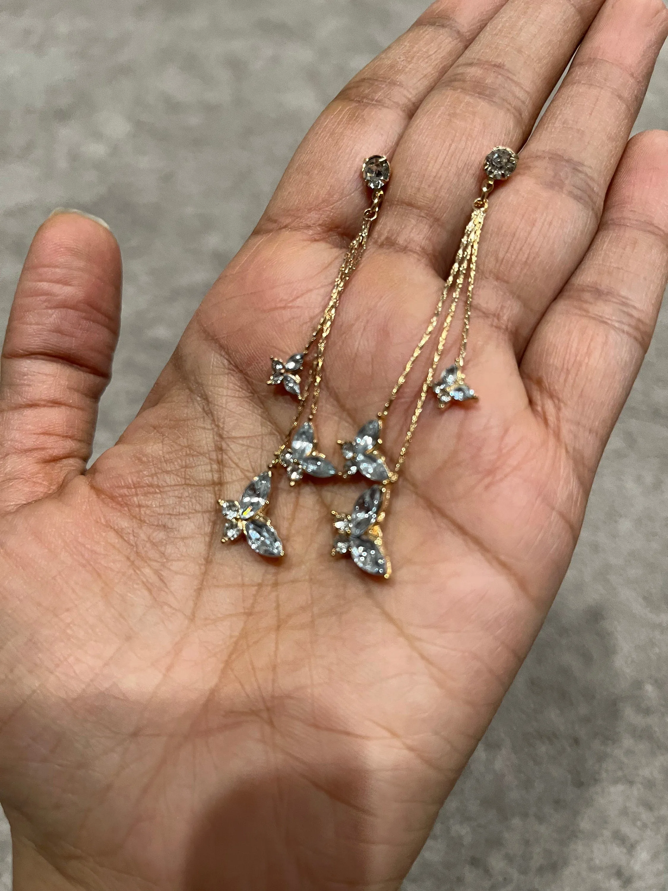 Gold rhinestone earrings , long clear rhinestone earrings , butterfly earring , fringe earrings , gold chain earrings , gold crystal earring