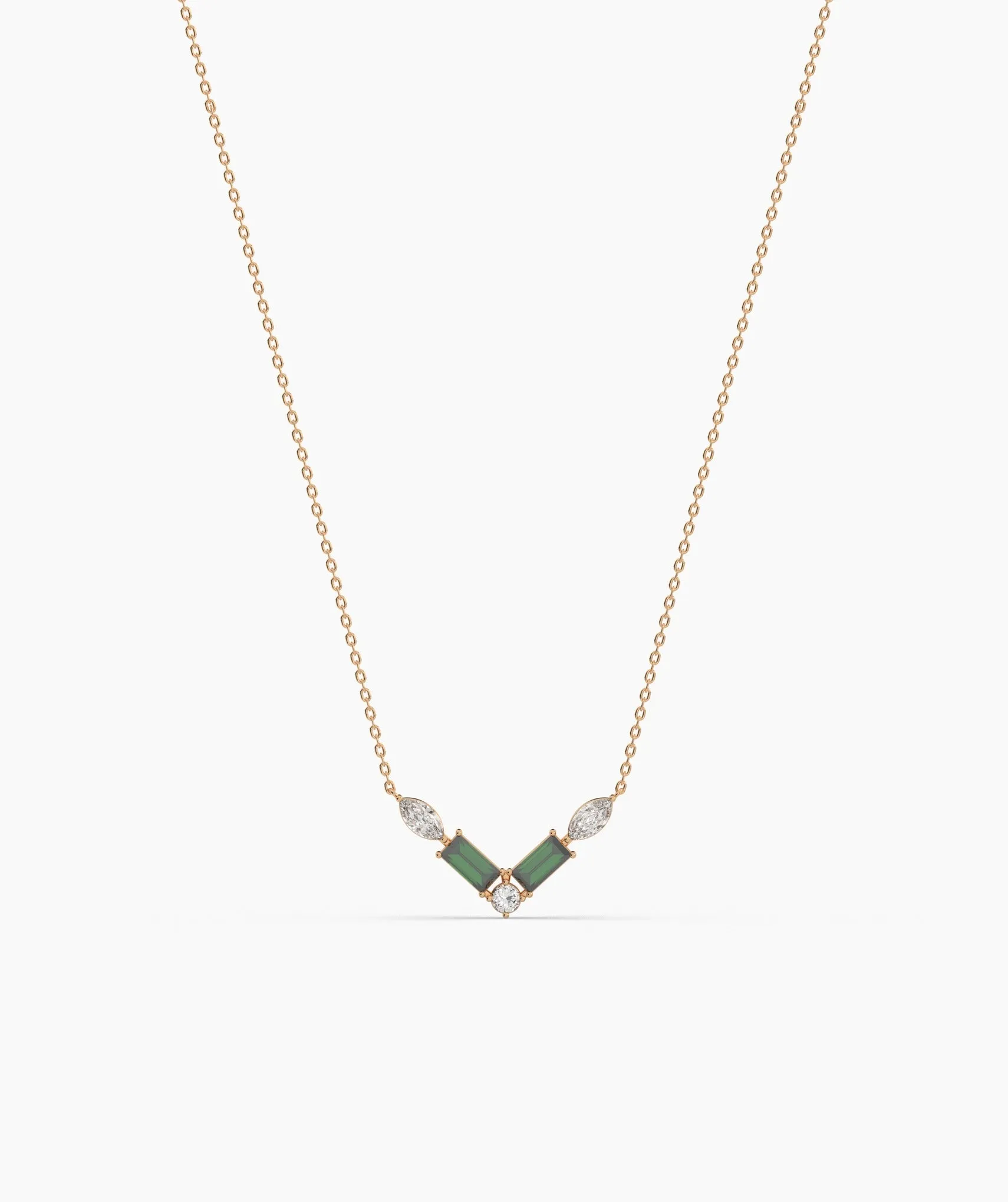 Green Baguette & Diamond V Necklace