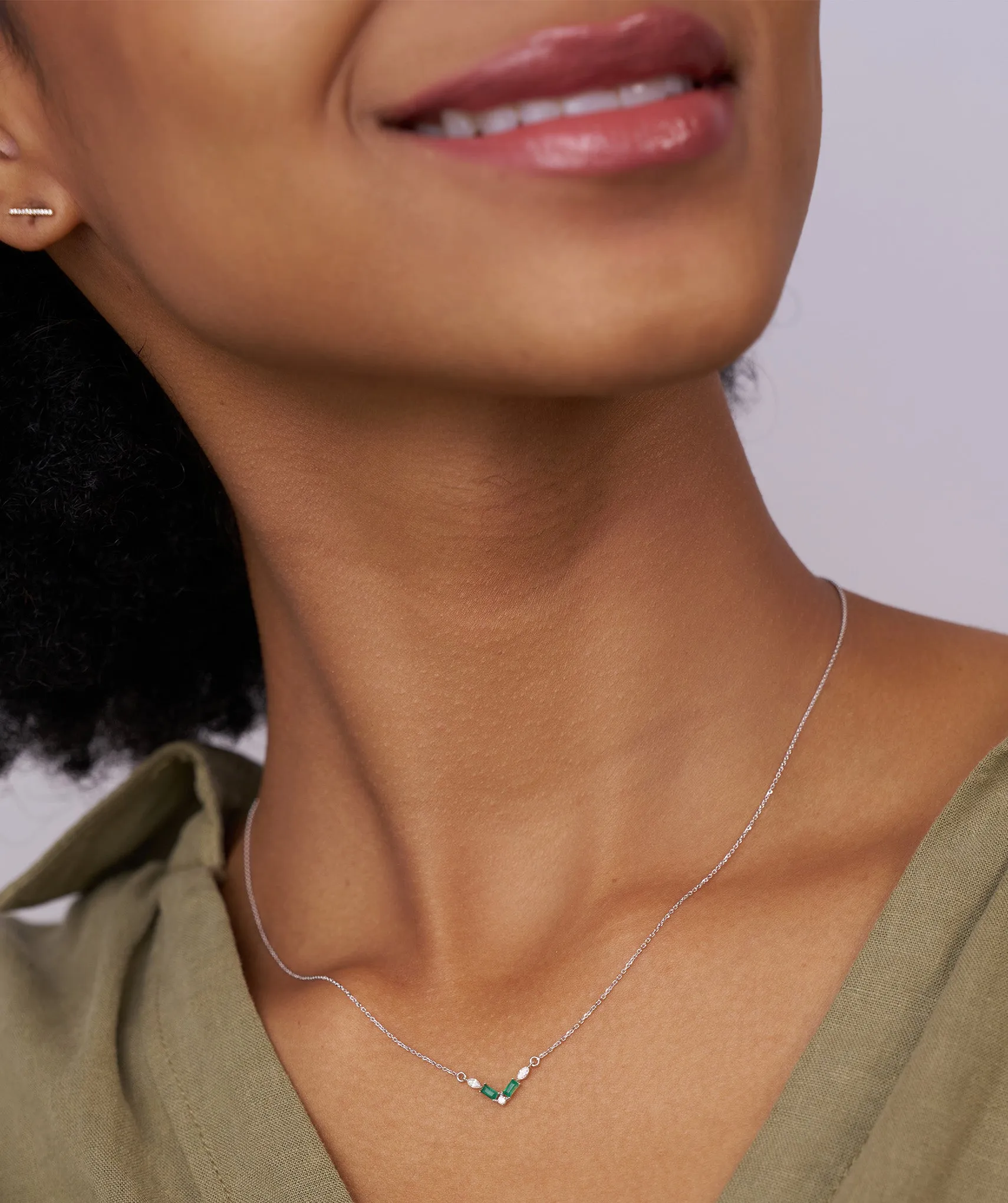 Green Baguette & Diamond V Necklace