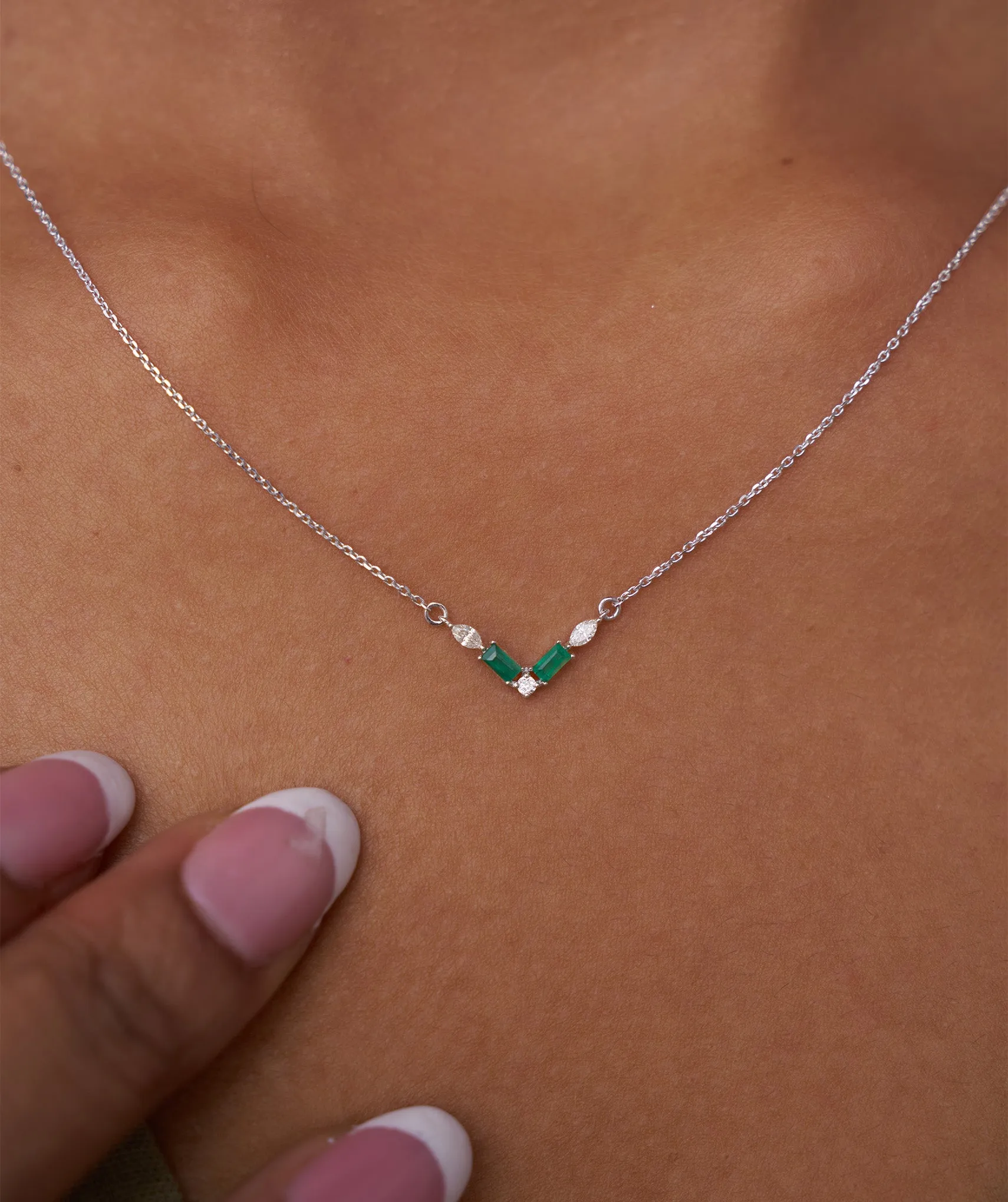 Green Baguette & Diamond V Necklace