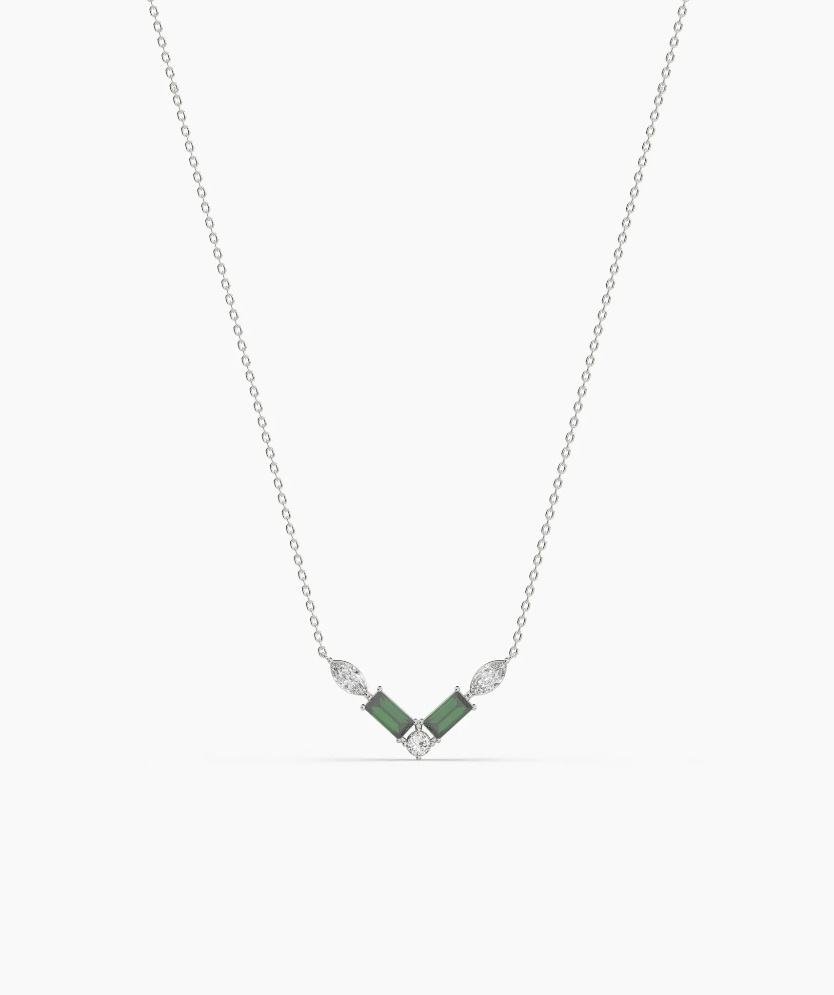 Green Baguette & Diamond V Necklace