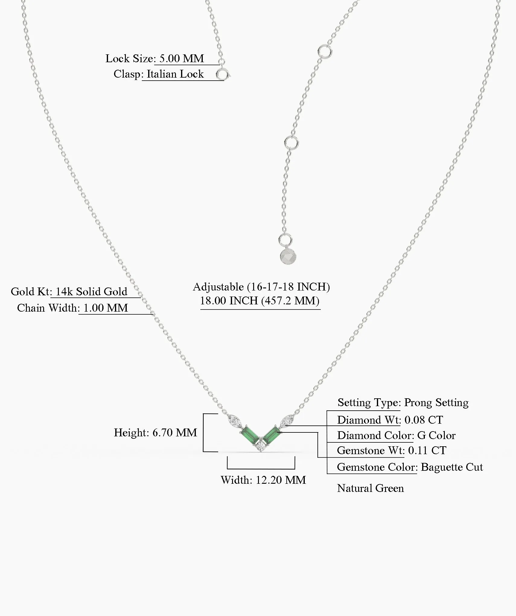 Green Baguette & Diamond V Necklace