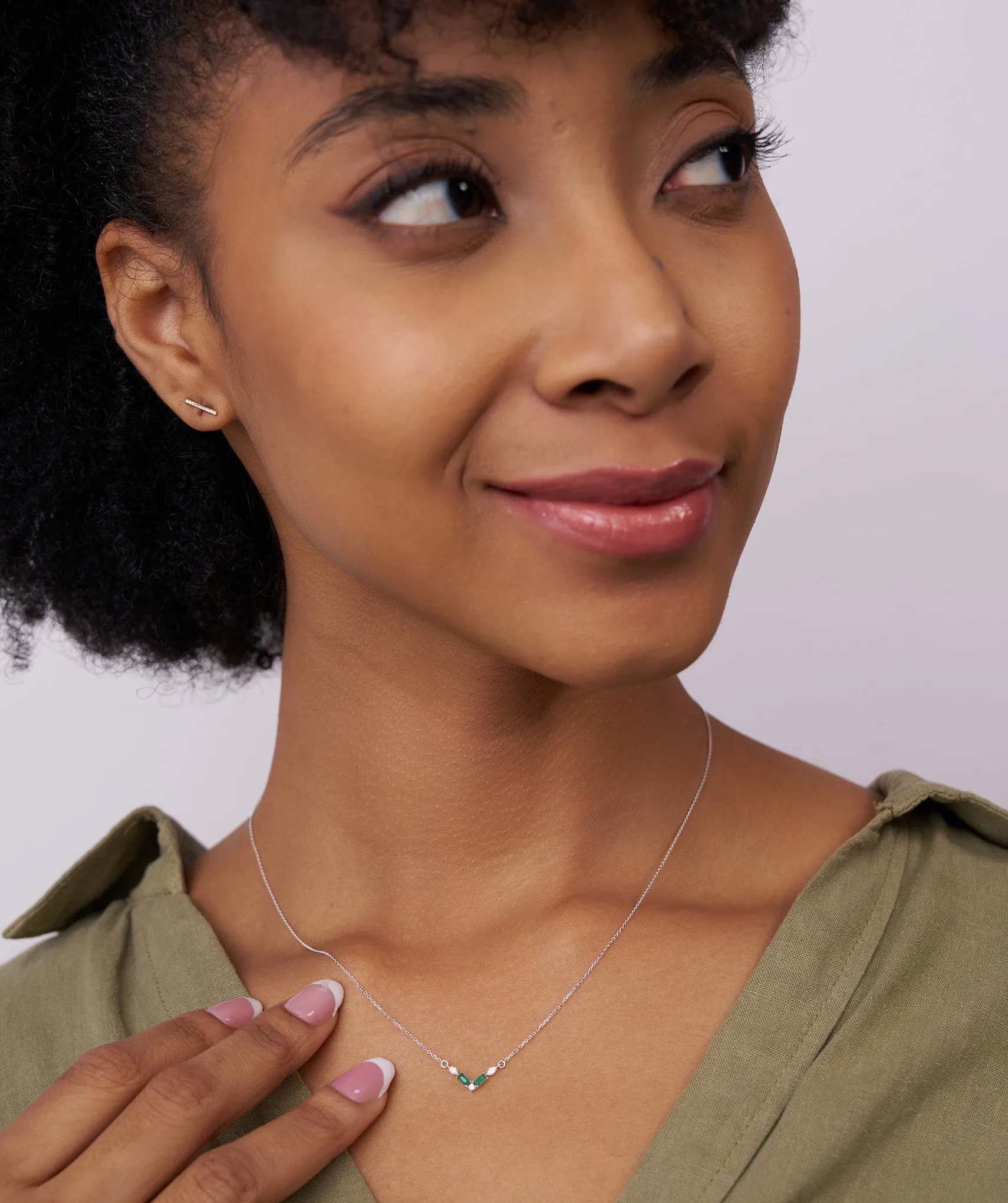 Green Baguette & Diamond V Necklace