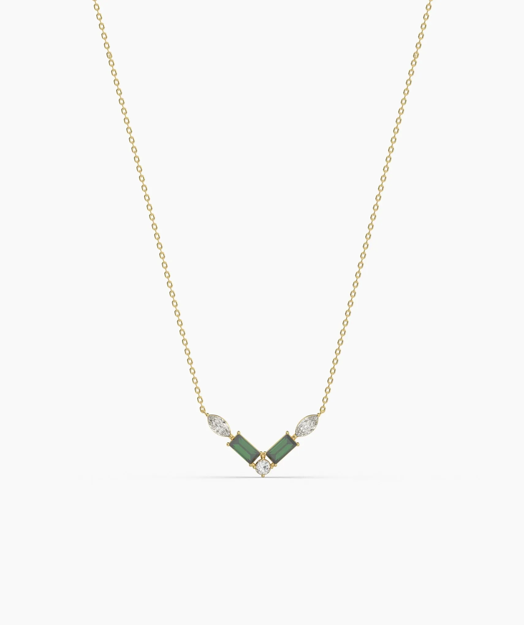 Green Baguette & Diamond V Necklace