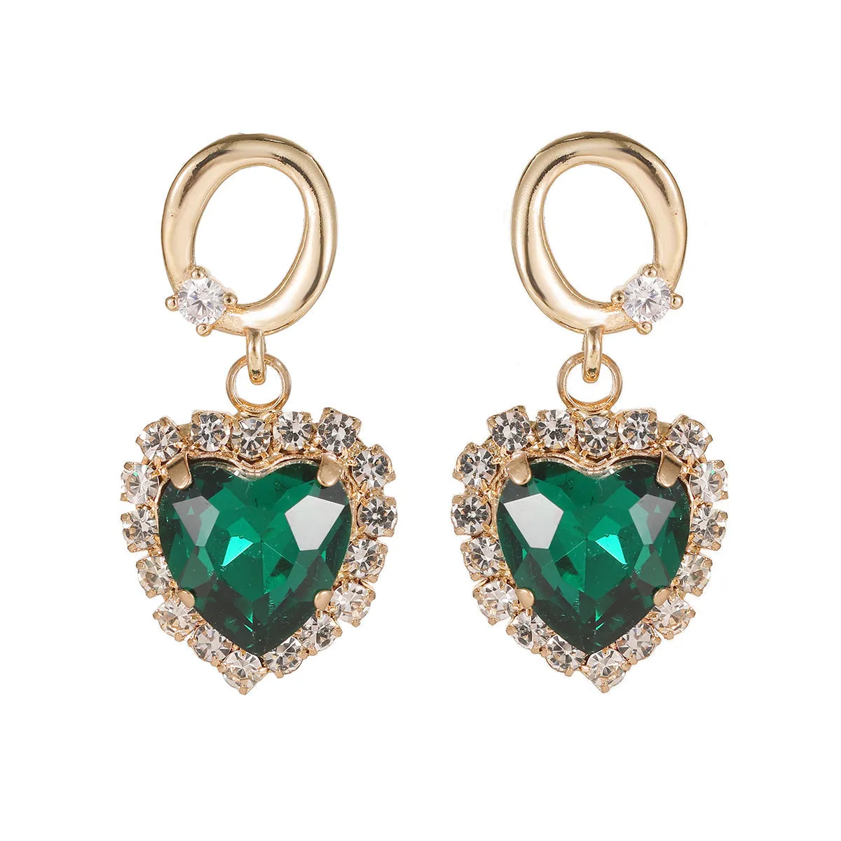 Green Crystal & Cubic Zirconia 18K Gold-Plated Halo Heart Huggie Drop Earrings