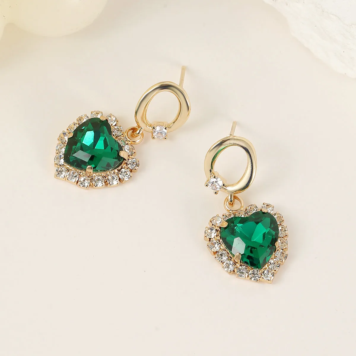 Green Crystal & Cubic Zirconia 18K Gold-Plated Halo Heart Huggie Drop Earrings