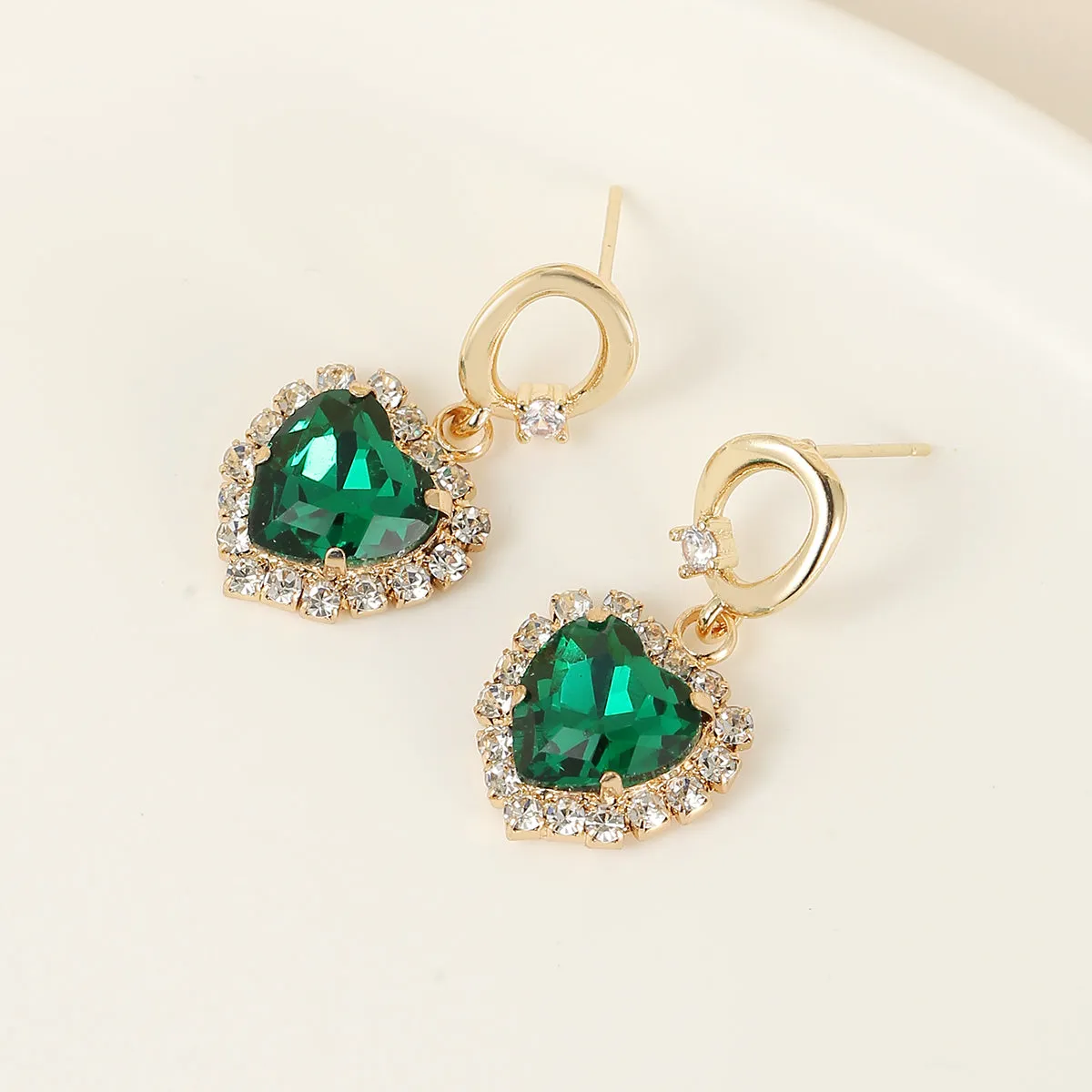 Green Crystal & Cubic Zirconia 18K Gold-Plated Halo Heart Huggie Drop Earrings