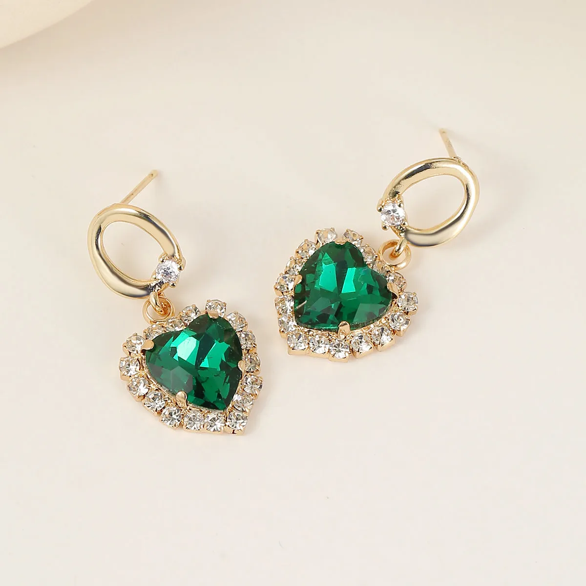 Green Crystal & Cubic Zirconia 18K Gold-Plated Halo Heart Huggie Drop Earrings