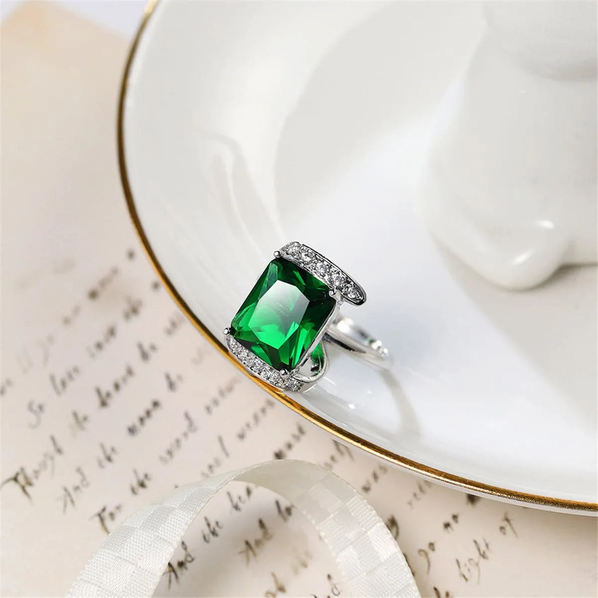 Green Cubic Zirconia & Crystal Princess-Cut Ring