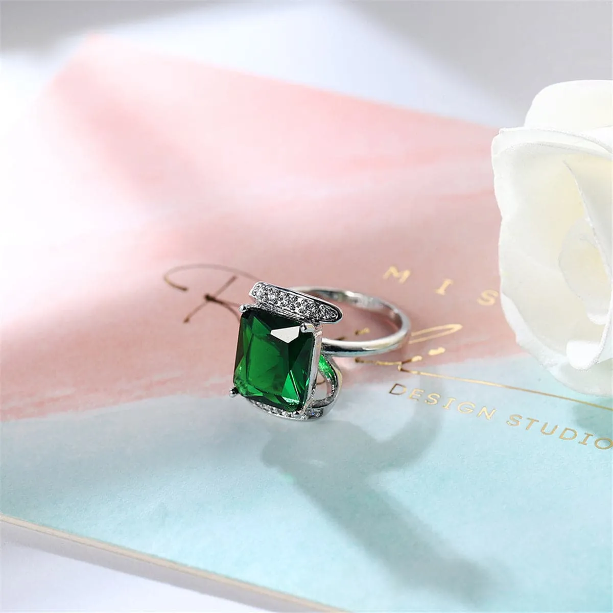 Green Cubic Zirconia & Crystal Princess-Cut Ring